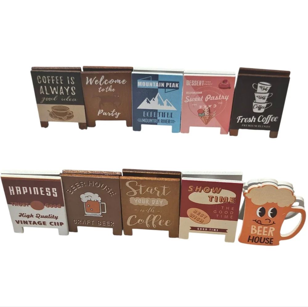 Set of 10 Mini Wooden Café & Beer Sign Clips – Decorative Clothespins